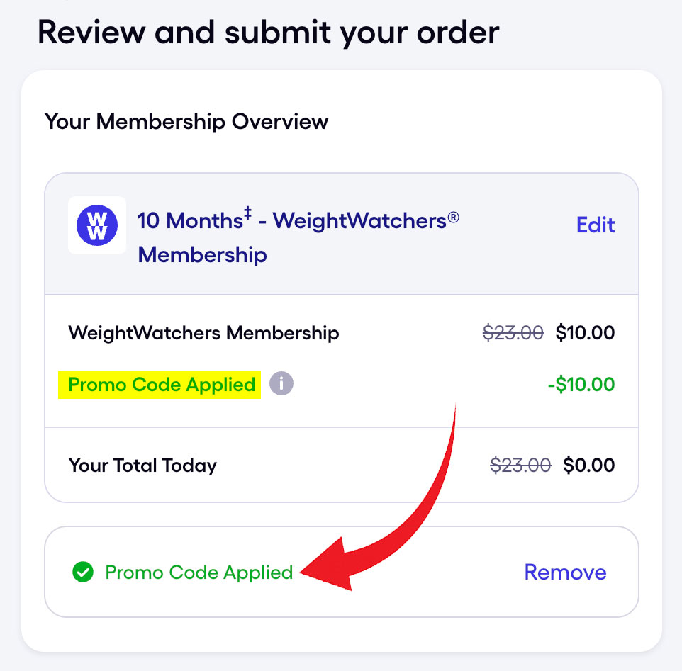 weight watchers promo code applied