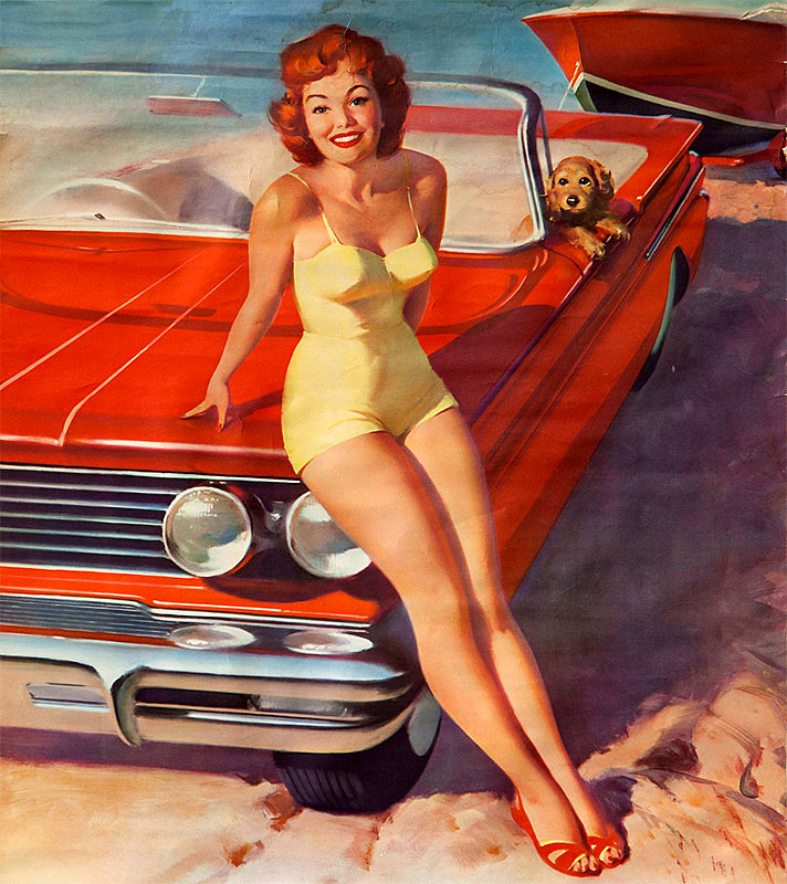 gil elvgren pin up with car and dog