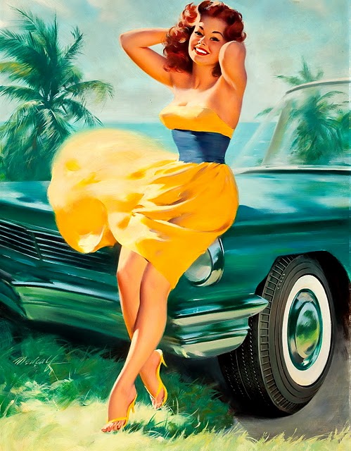 vintage car pin up girl