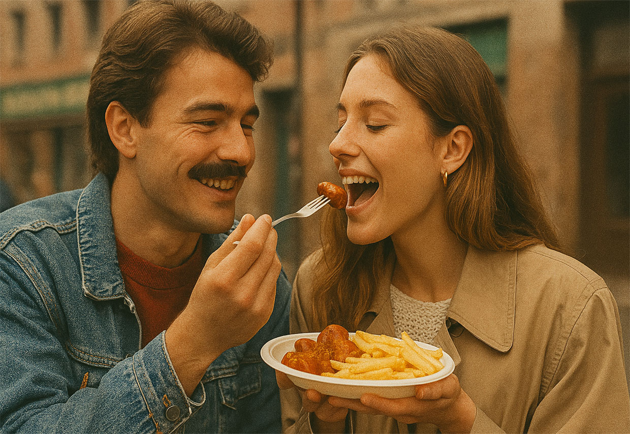 couple eating currywurst berlin