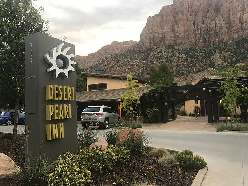 the entrance to the Desert Pearl Inn