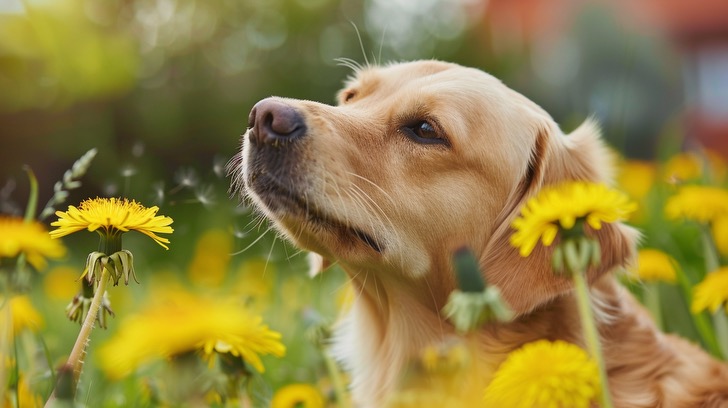 dog sniffing yellow dandelion flowers