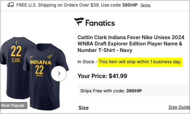 fanatics item shipping time