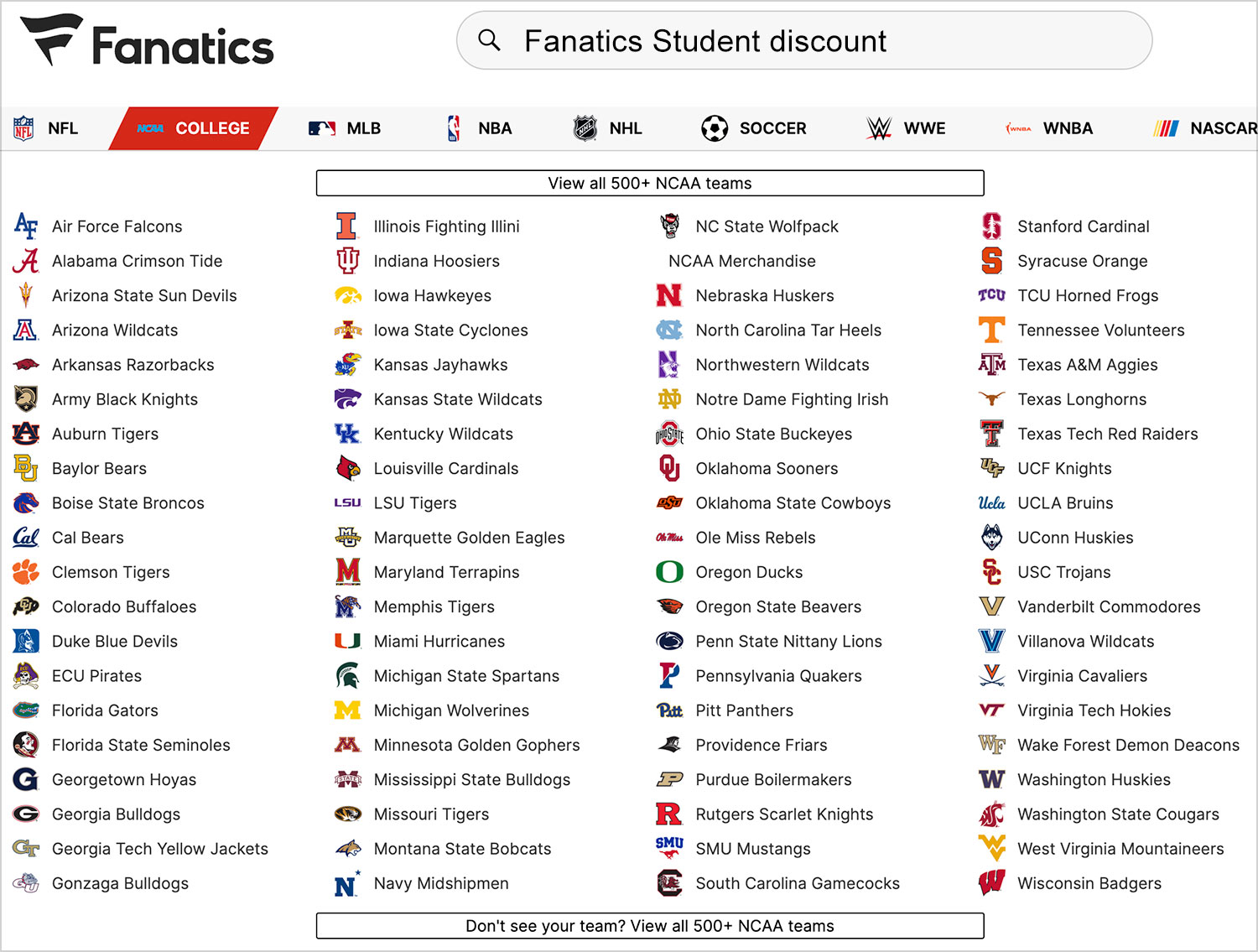 fanatics most popular colleges