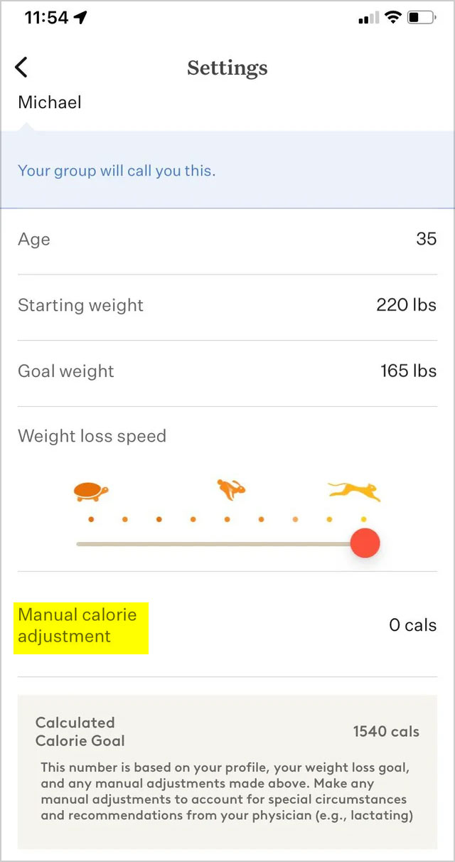 noom weight loss zone settings