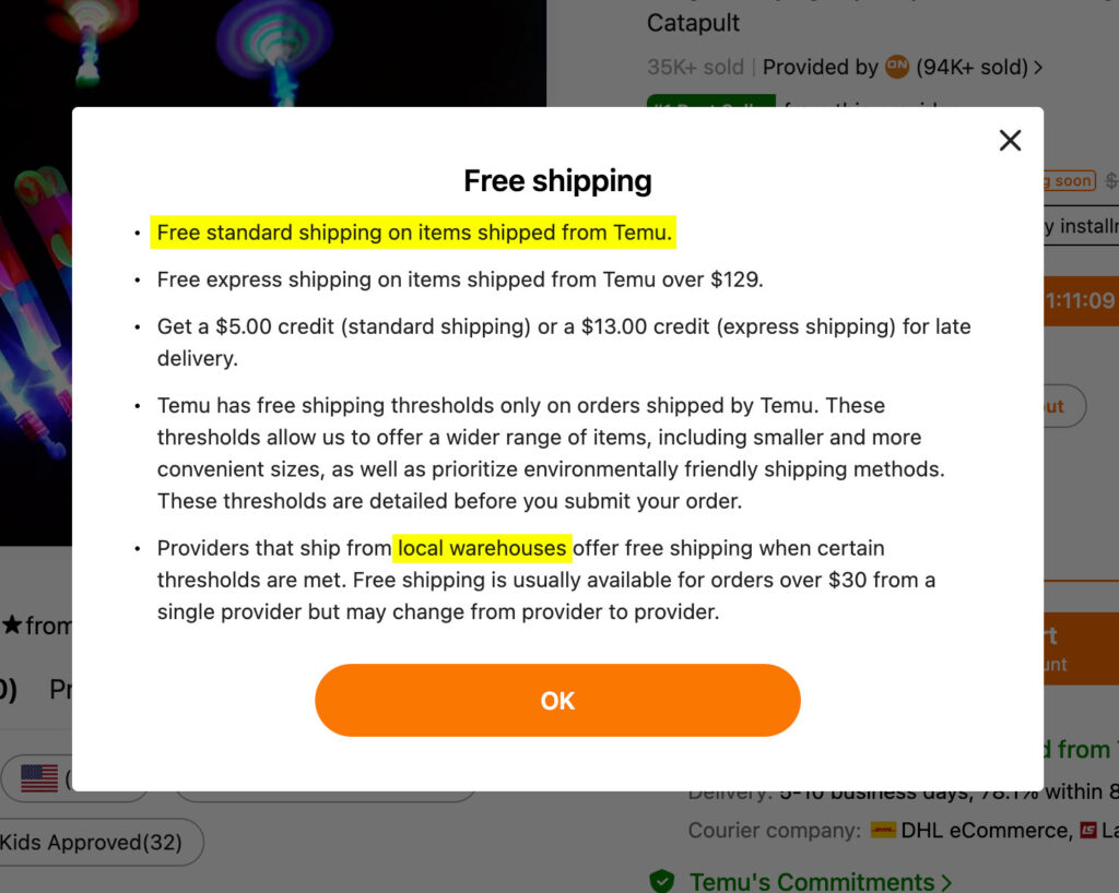 temu free shipping policy