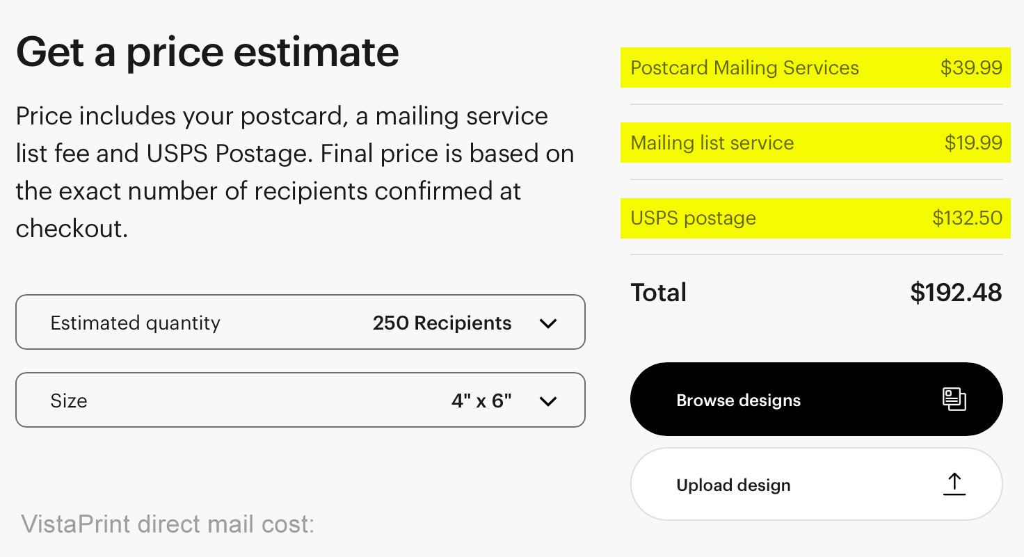 vistaprint direct mail cost