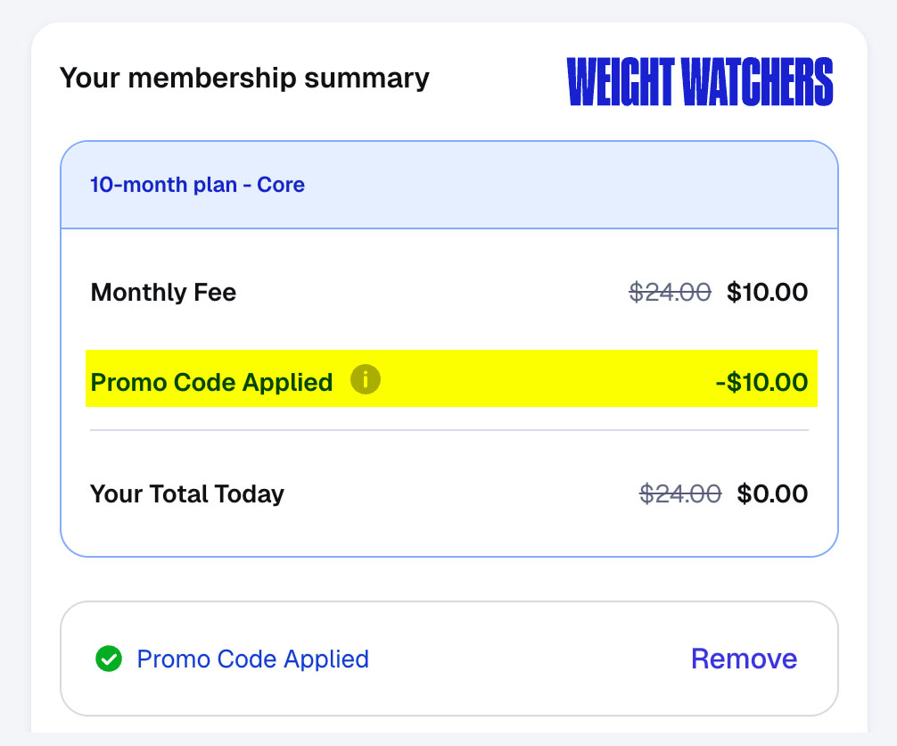 weight watchers promo code applied