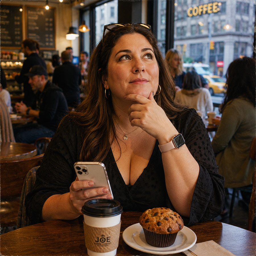 woman contemplating coffee shop