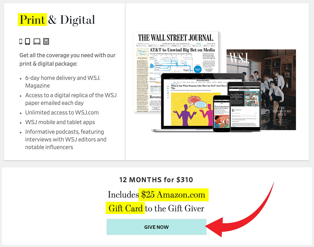 wsj gift subscription print