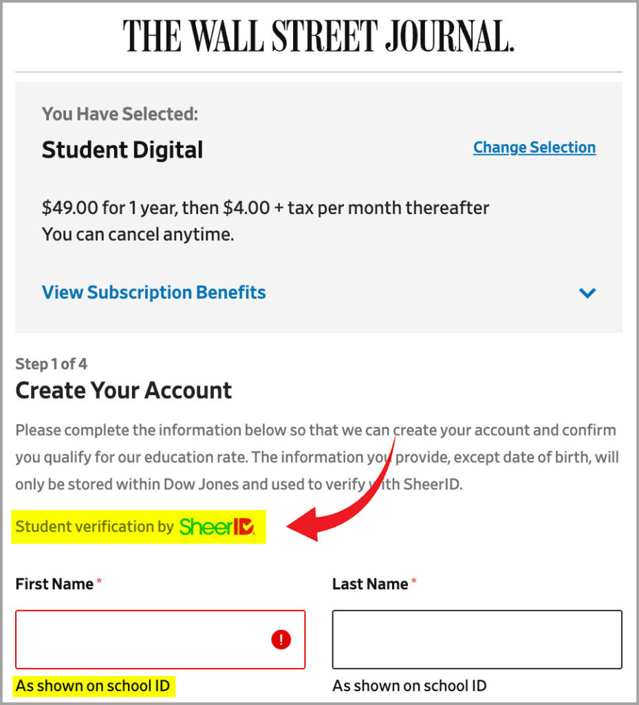 wsj student subscription verification